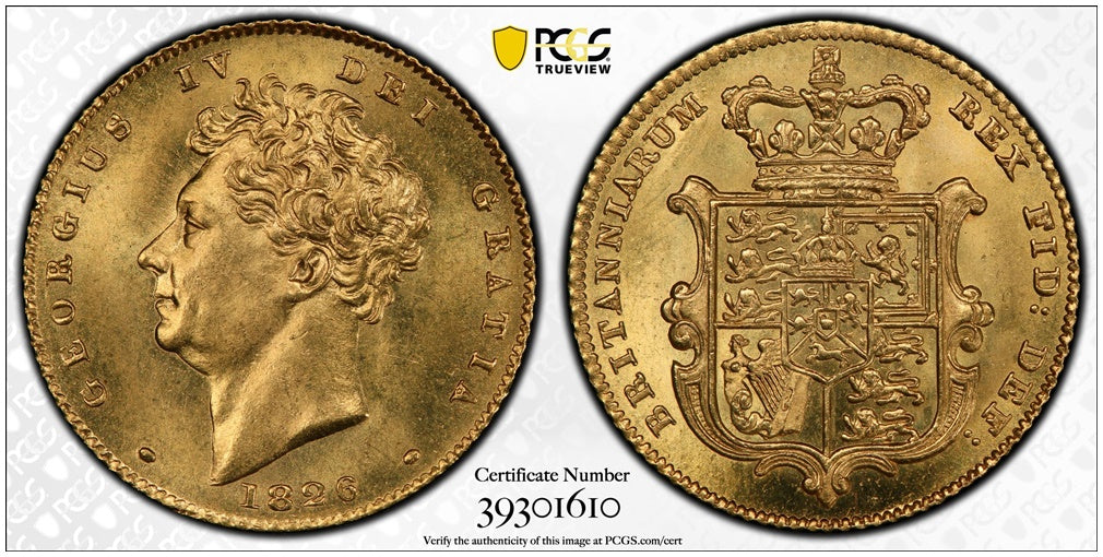 1826 George IV Bare Head Royal Arms Half Sovereign Gold Coin PCGS MS65