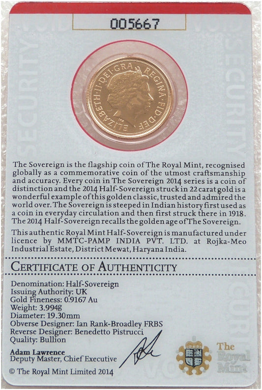 2014-I India Mint Mark Half Sovereign Gold Coin Mint Card - One Year Issue